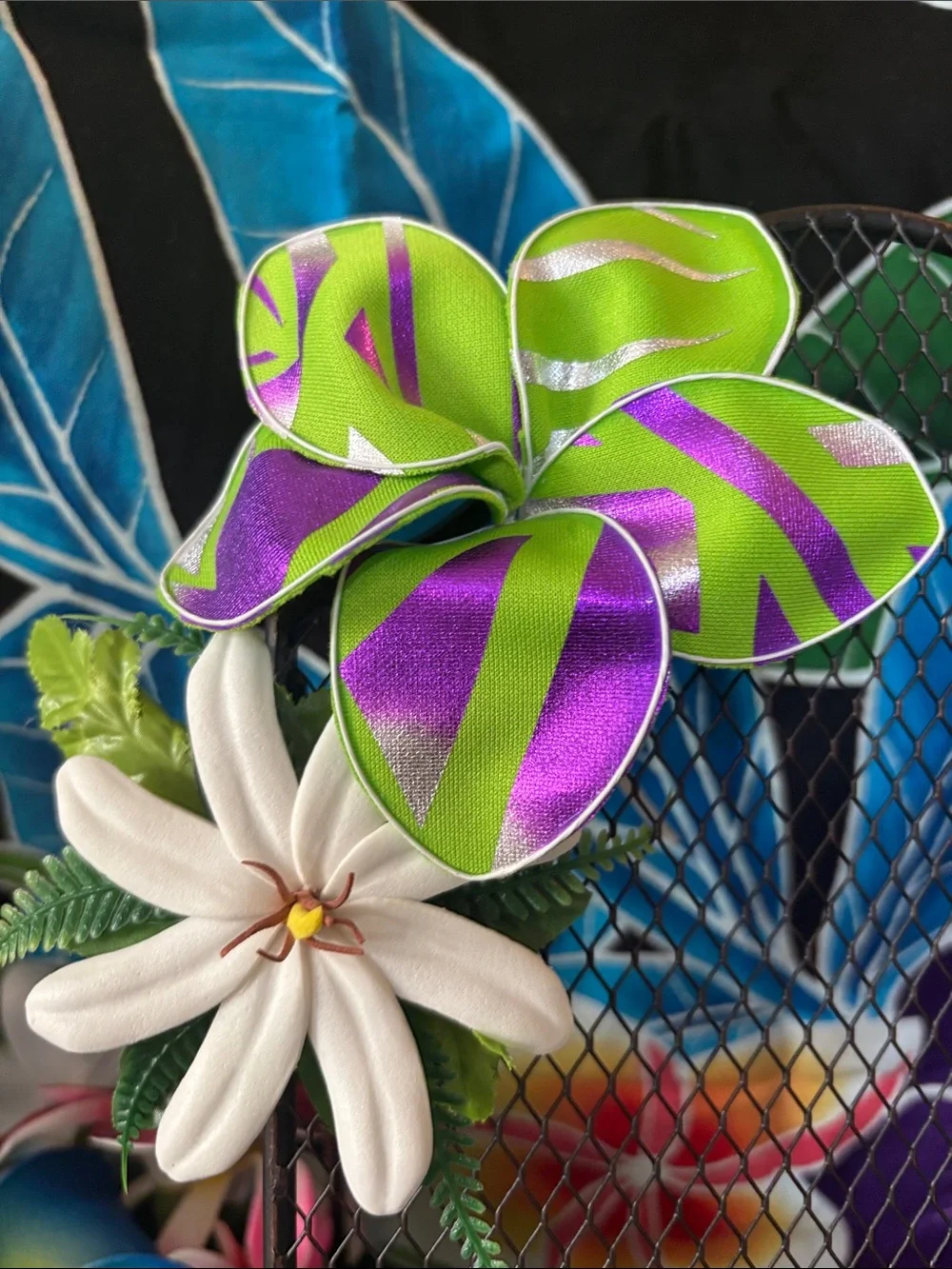 Vibrant Green & Purple Decorative Artificial Flower Accent
